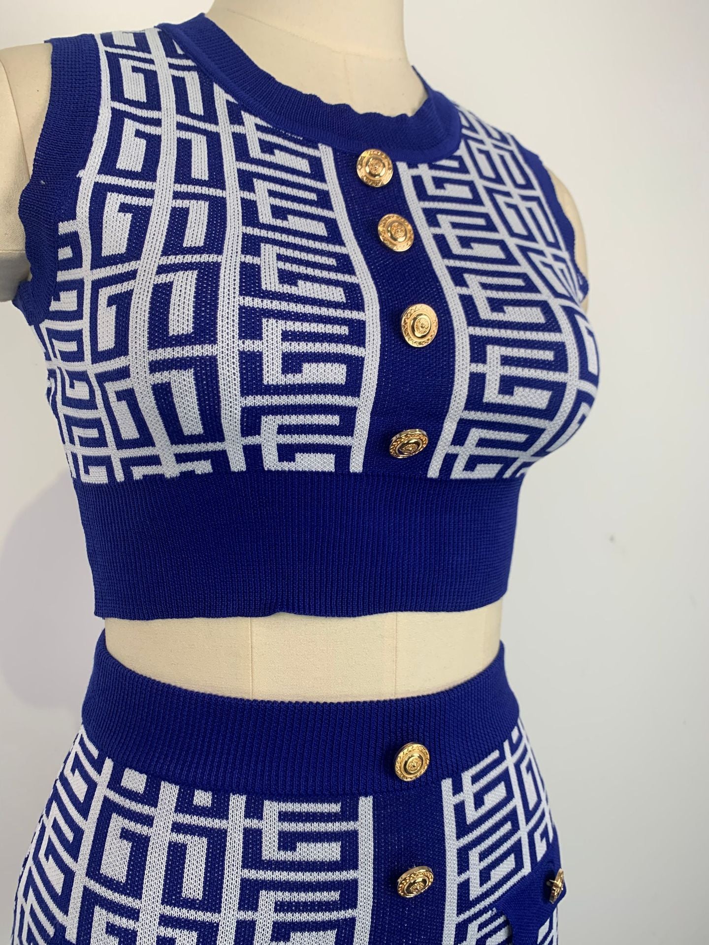 Women Round Neck Sleeveless Geometric Pattern Top and Skirt Two-Piece Set 28