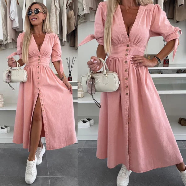 Women V-neck Short Sleeve Denim Button Dress 3