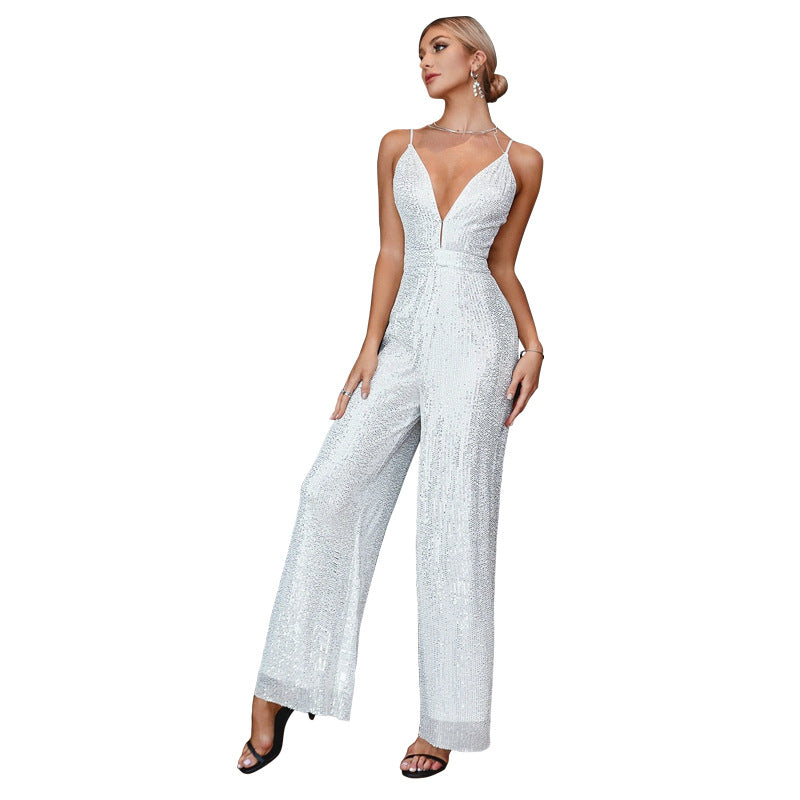 Deep V Neck Low Back Sleeveless Chic Sequined Straps Elegant Women's Party Jumpsuit 23