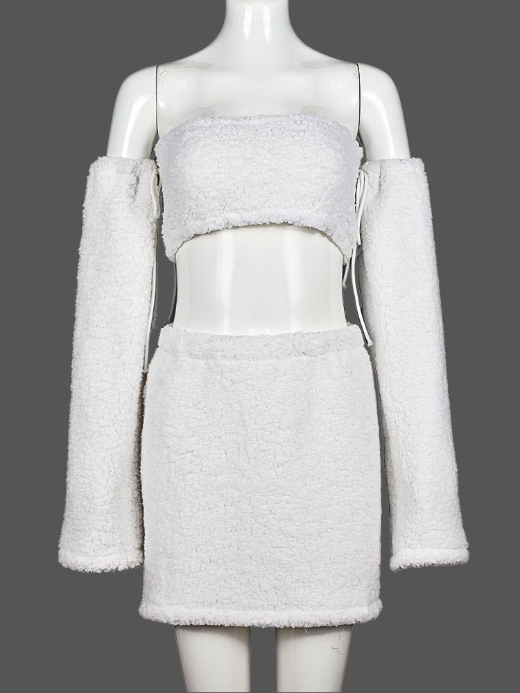 Autumn And Winter Plush Wrap Top And Mini Skirt Two Piece Set