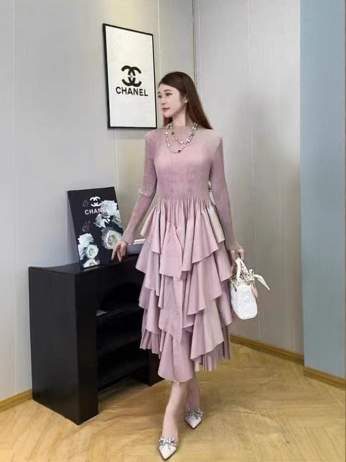 Plus Size Fashion Flounce Chic Slim Waist Elegant Solid Cascading Ruffles Dress 8