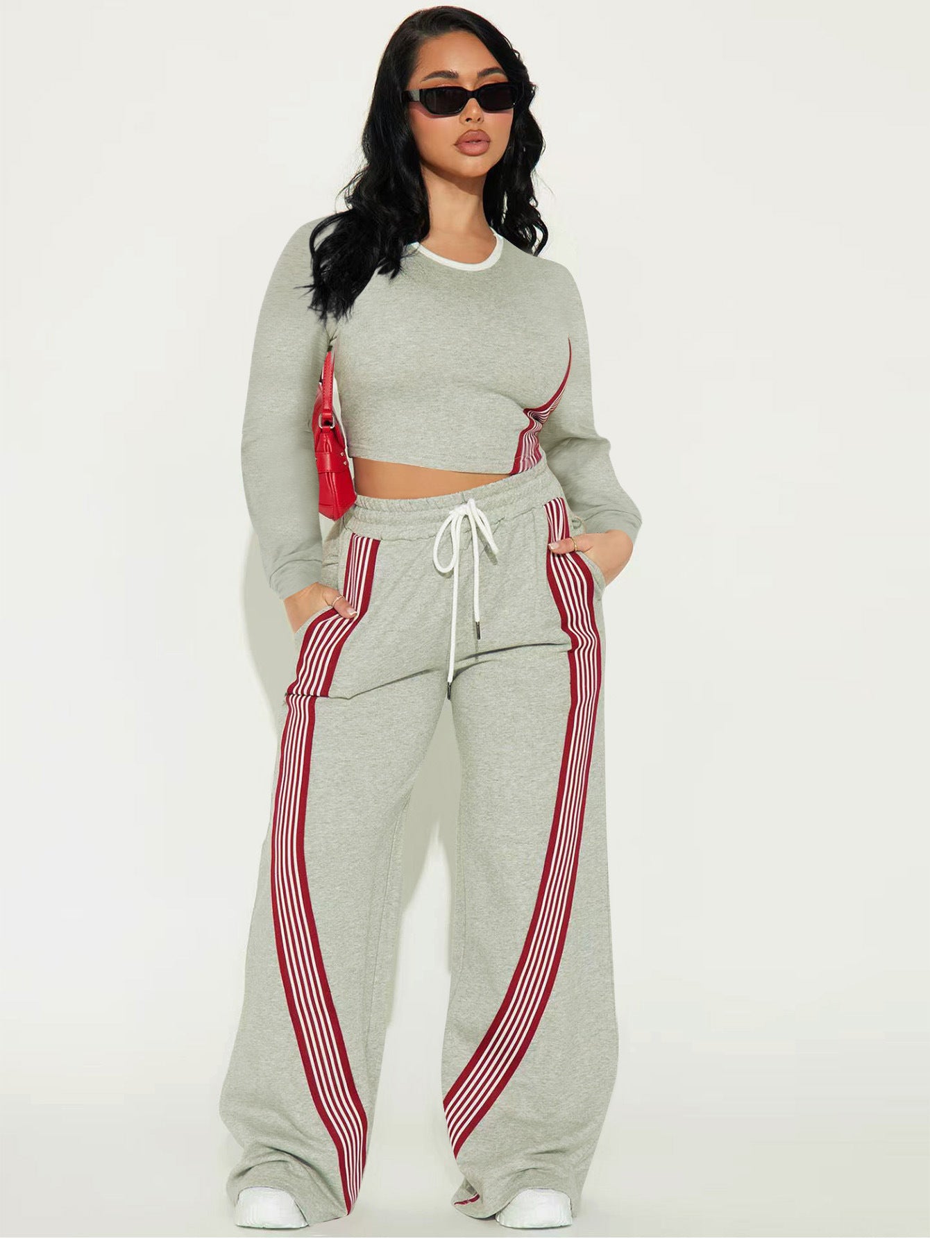 Women's Fashion Casual Long Sleeve Top & Side Striped Sporty Pants Two-Piece Set 9