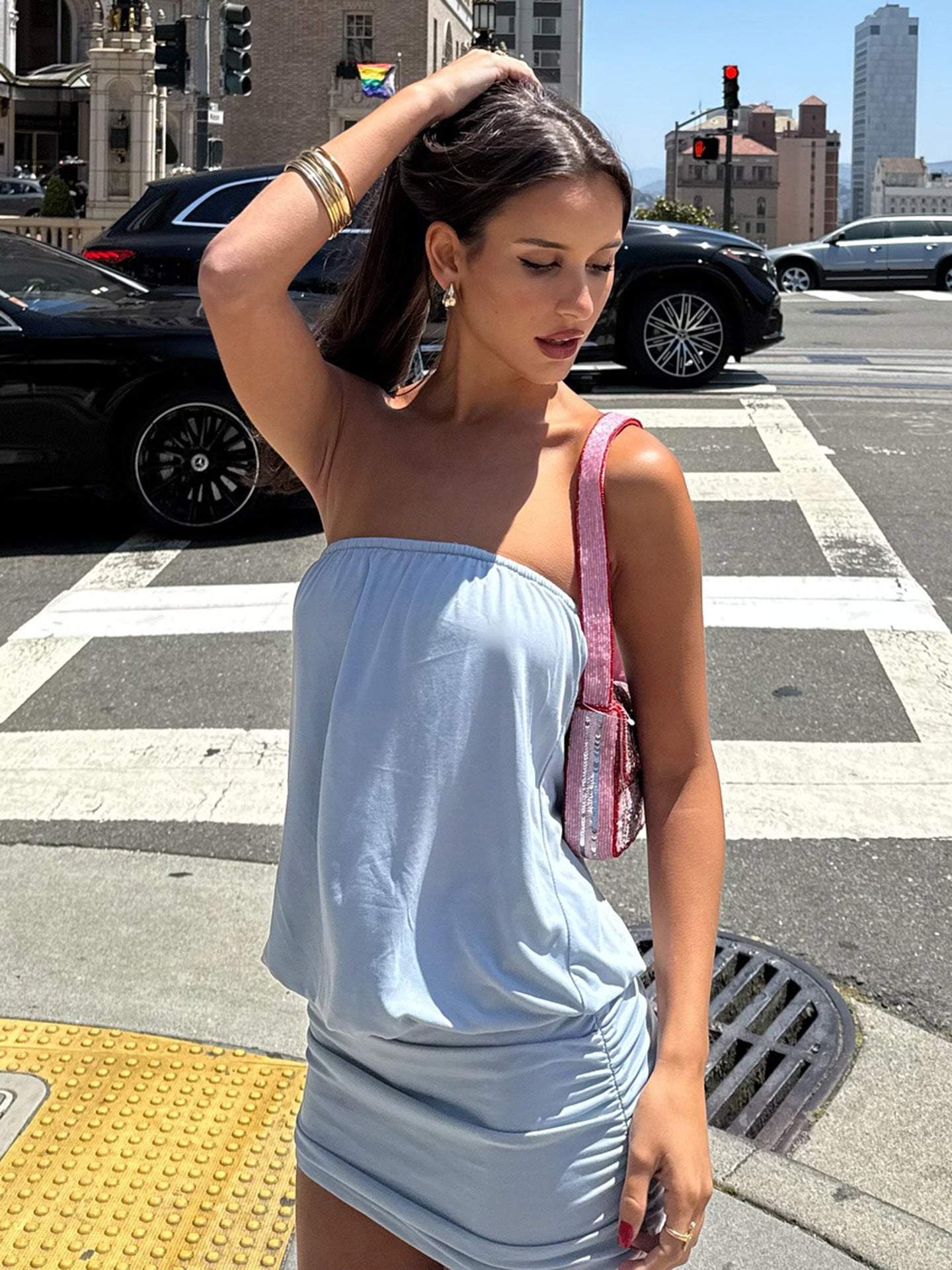 Summer Holiday Strapless Ruched Solid Bodycon Mini Dress 4