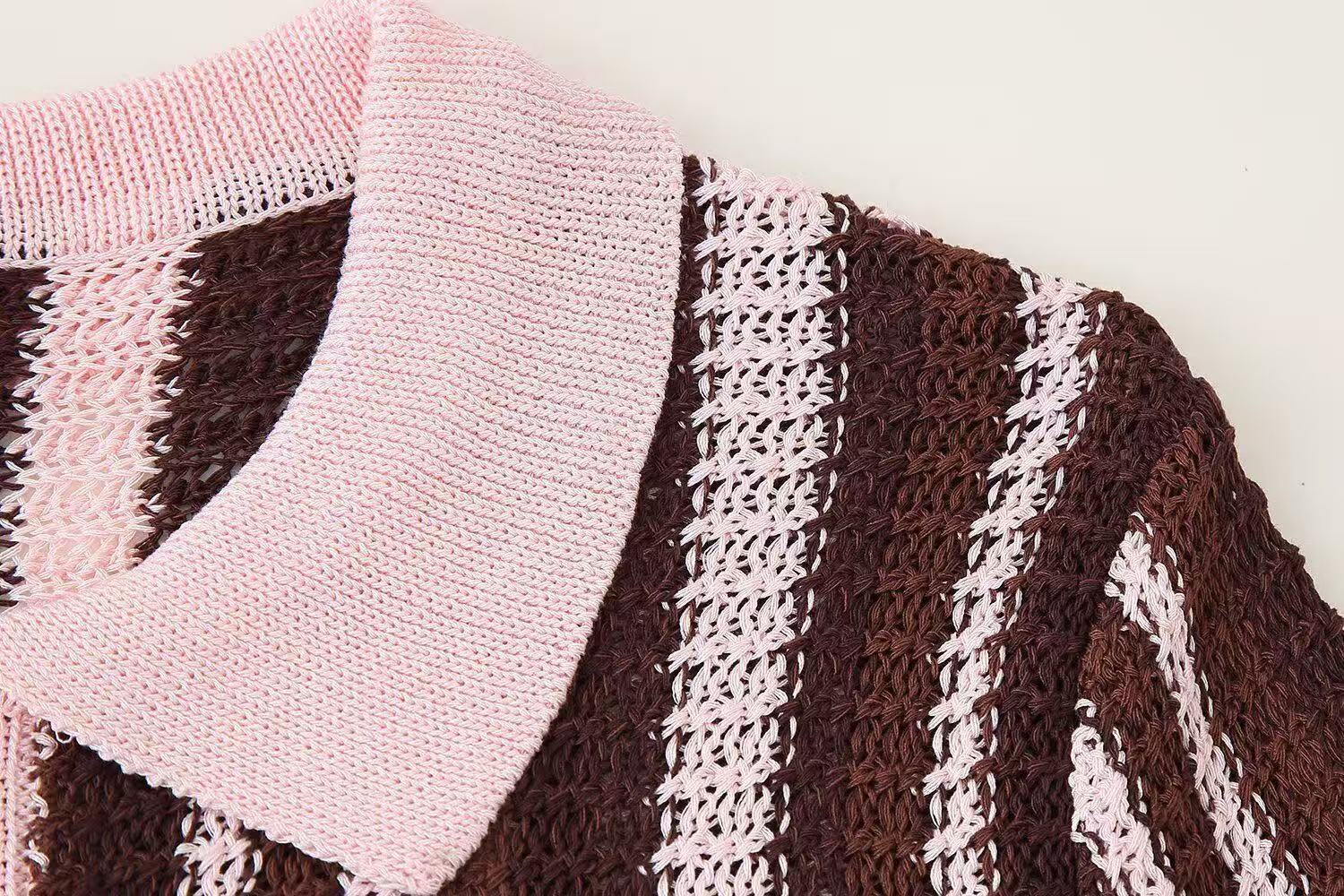 Fashion Striped Turndown Collar Short-Sleeve Top & Shorts Knit Set 14