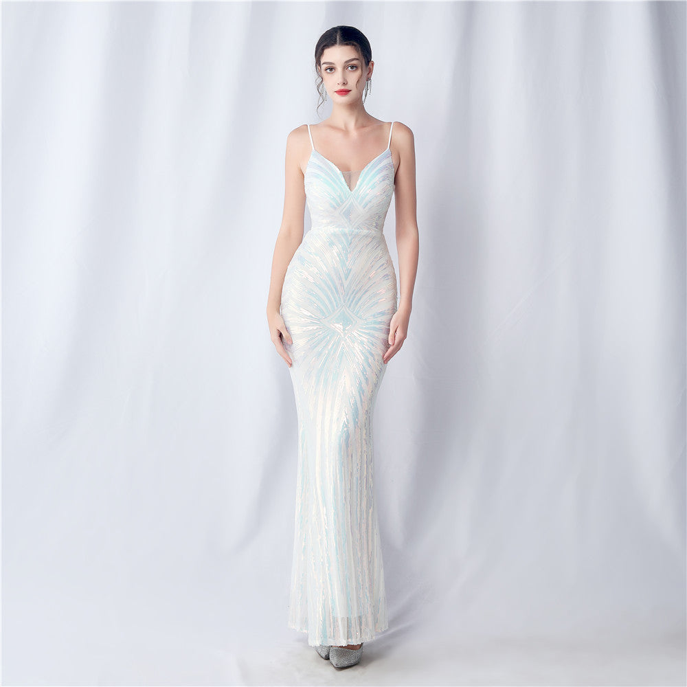 Positioning Flower Dinner Wedding Sequin Suspender Evening Dress 9