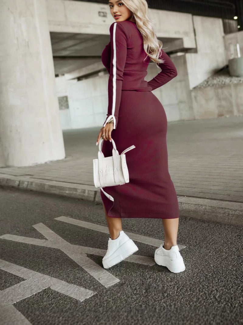 Autumn And Winter Fashion Long Sleeve Solid Color Split Women Two-Piece Skirt Set 8