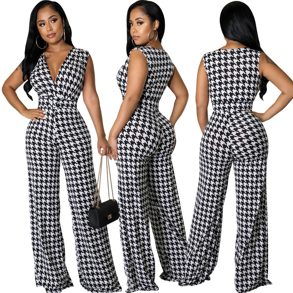 Sexy Fashion Digital Print V-Neck Women's Jumpsuit