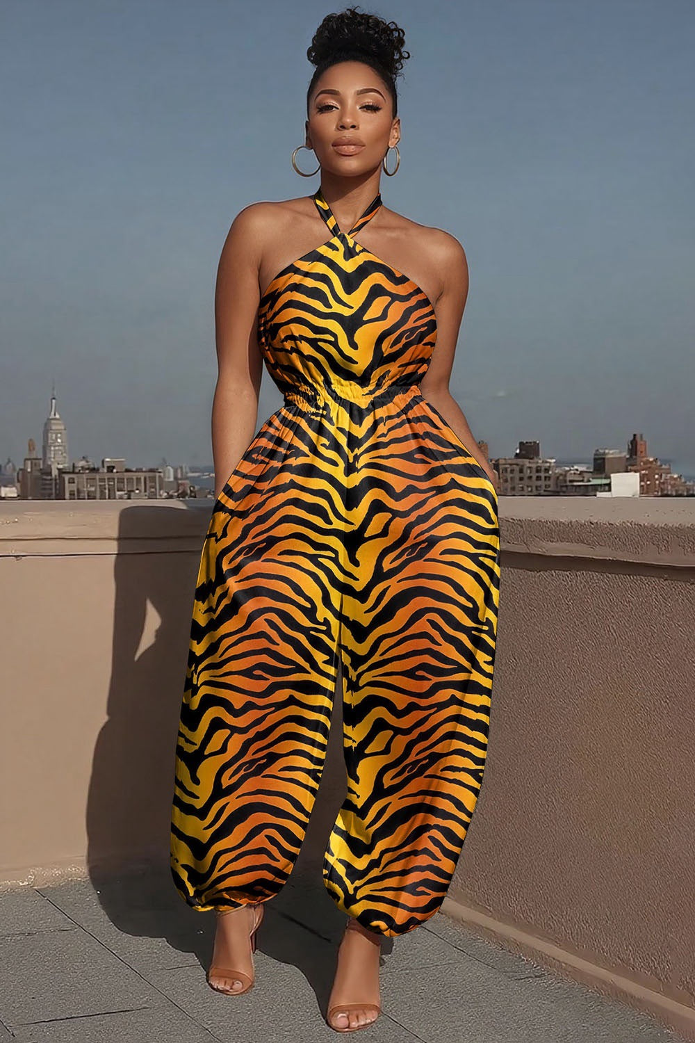 Halter Neck High Waist Print Slim Wasit Wide Leg Jumpsuit 6