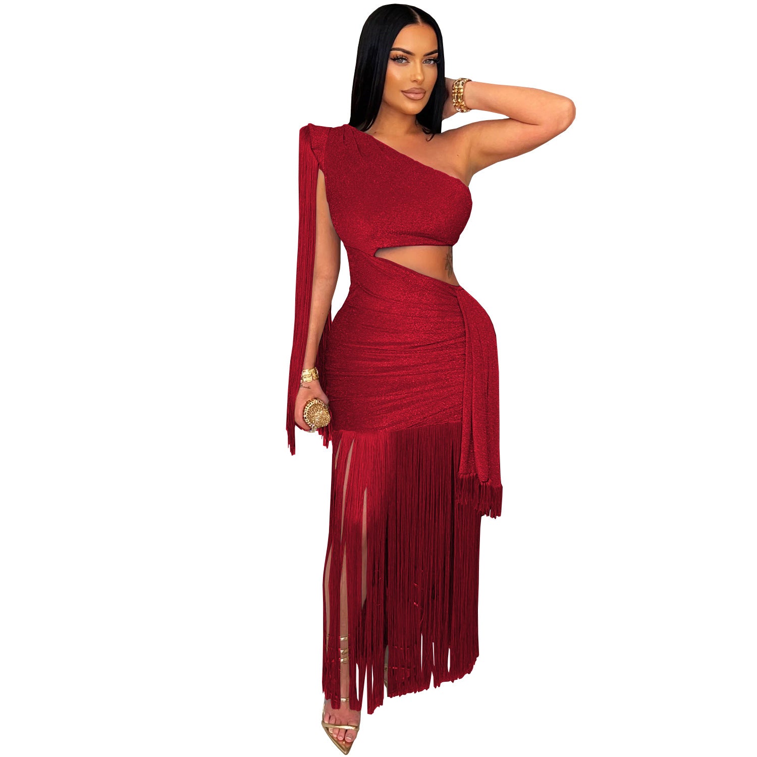 Fashion Women's Sexy Casual One-Shoulder Tassel Maxi Dress 12
