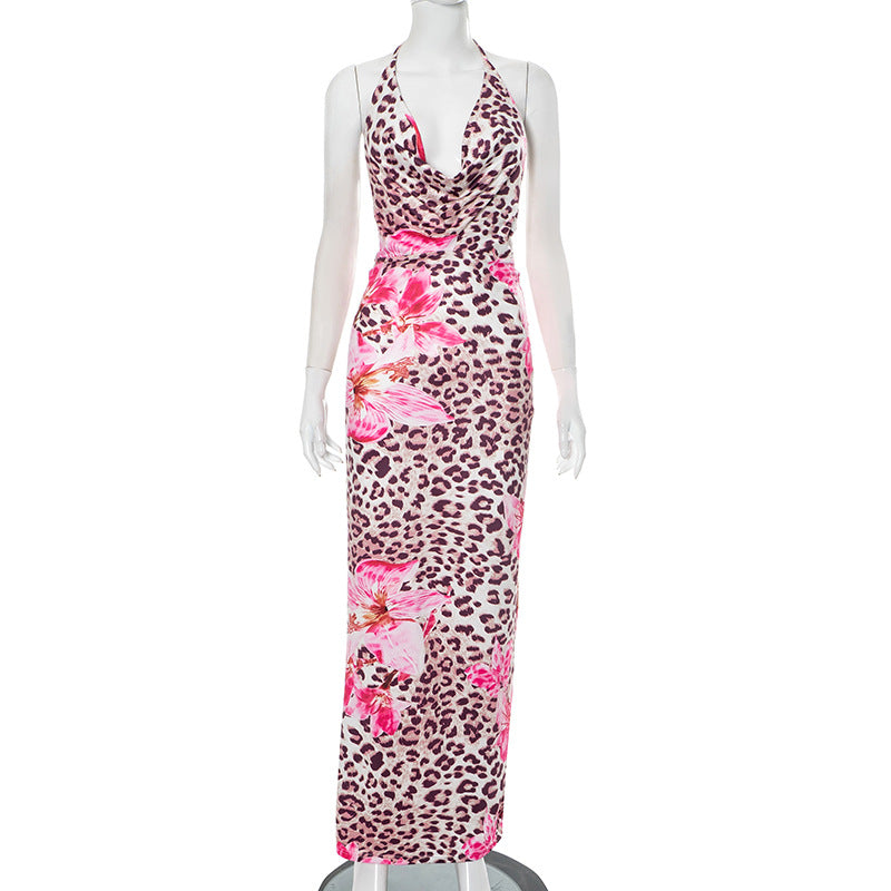 Women's Chic Flower Leopard Print V-neck Low Back Slim Long Dress 8