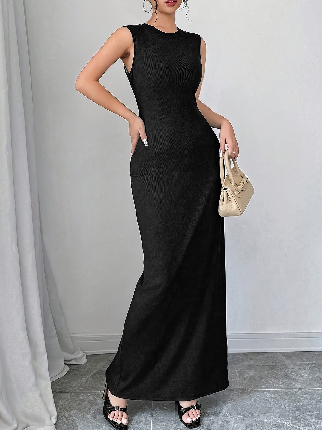 Women Summer Round Neck Solid Ribbed Dress 7