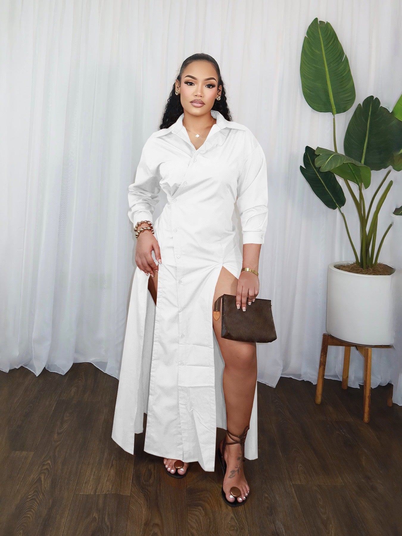 Women Fall/Winter V-Neck Slit Shirt Dress