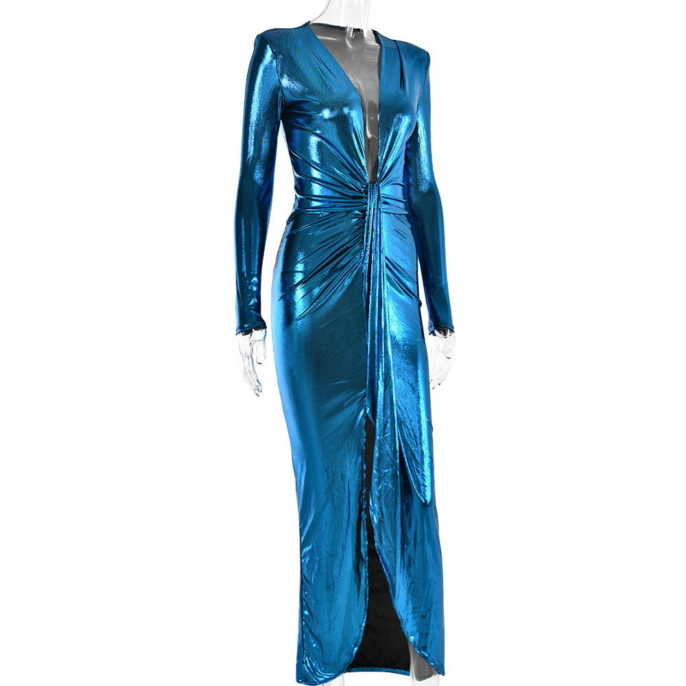 Sexy Chic V-Neck Long Sleeve Patchwork Pleated Leather Dress 16