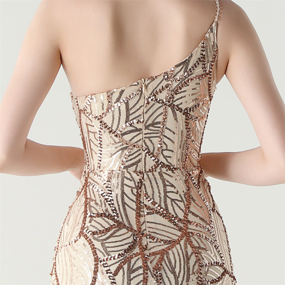 Women One Shoulder Beaded Geometric Sequin Formal Party Prom Wedding Evening Dress 74