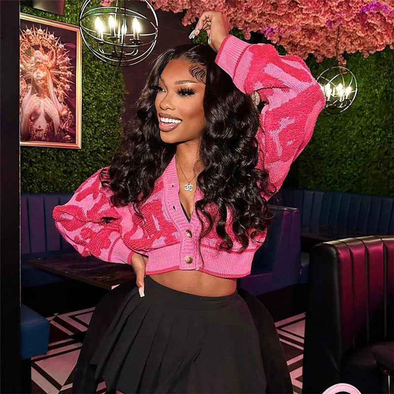 Autumn Fashion Color Matching V-Neck Buttoned High Waist Slim Women Knitting Top 11