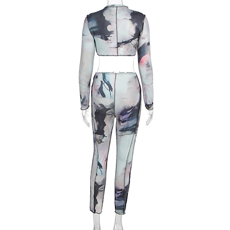 Women's Fall Sexy Round Neck Print Crop Top Tight Fitting Butt Lift Long Pants Set 8