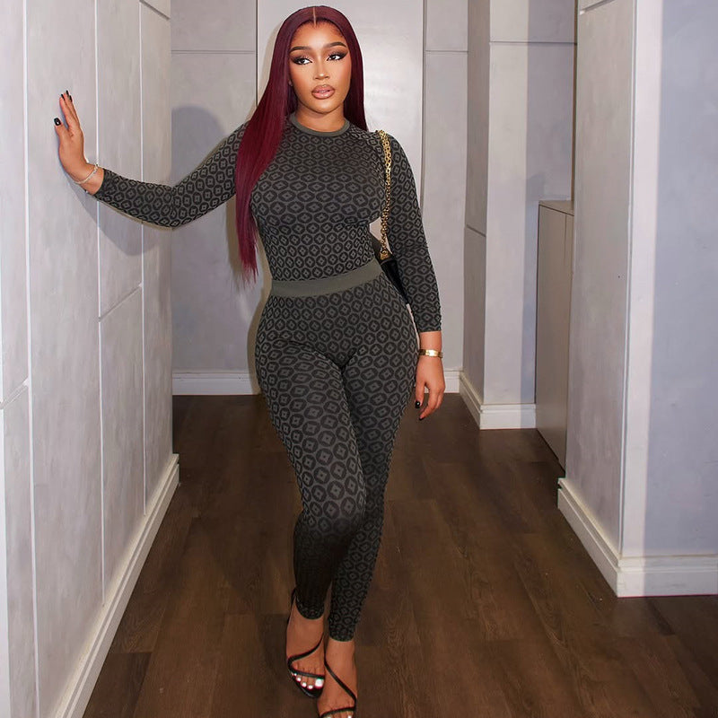 Women Casual Printed Round Neck Long Sleeve Jumpsuit 6