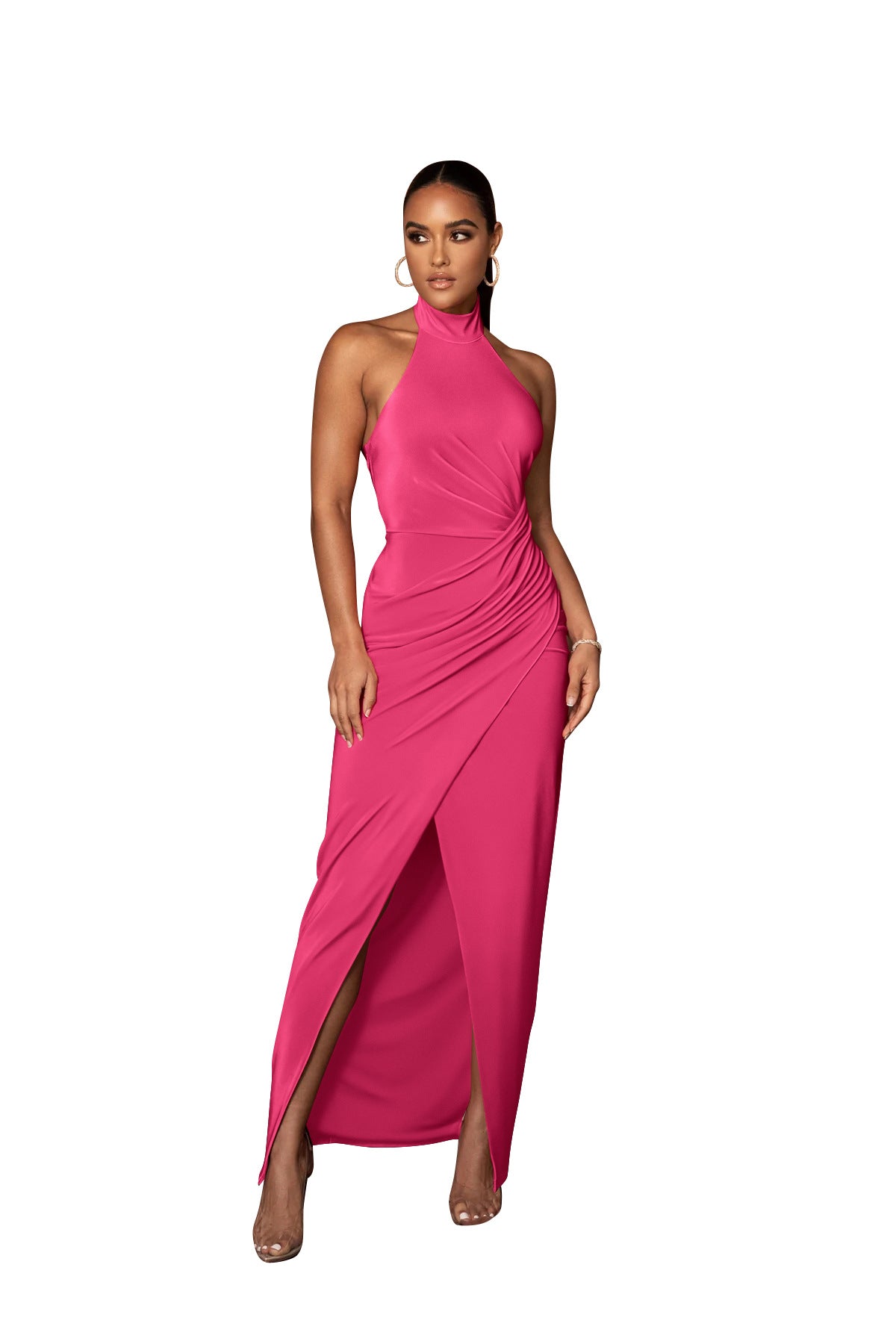 Women's Fashion Solid Color Halter Neck Maxi Pleated Dress 5