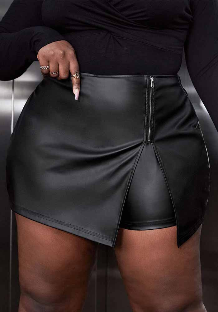 Plus Size Women irregular Style black zipper Pu-Leather pants skirt