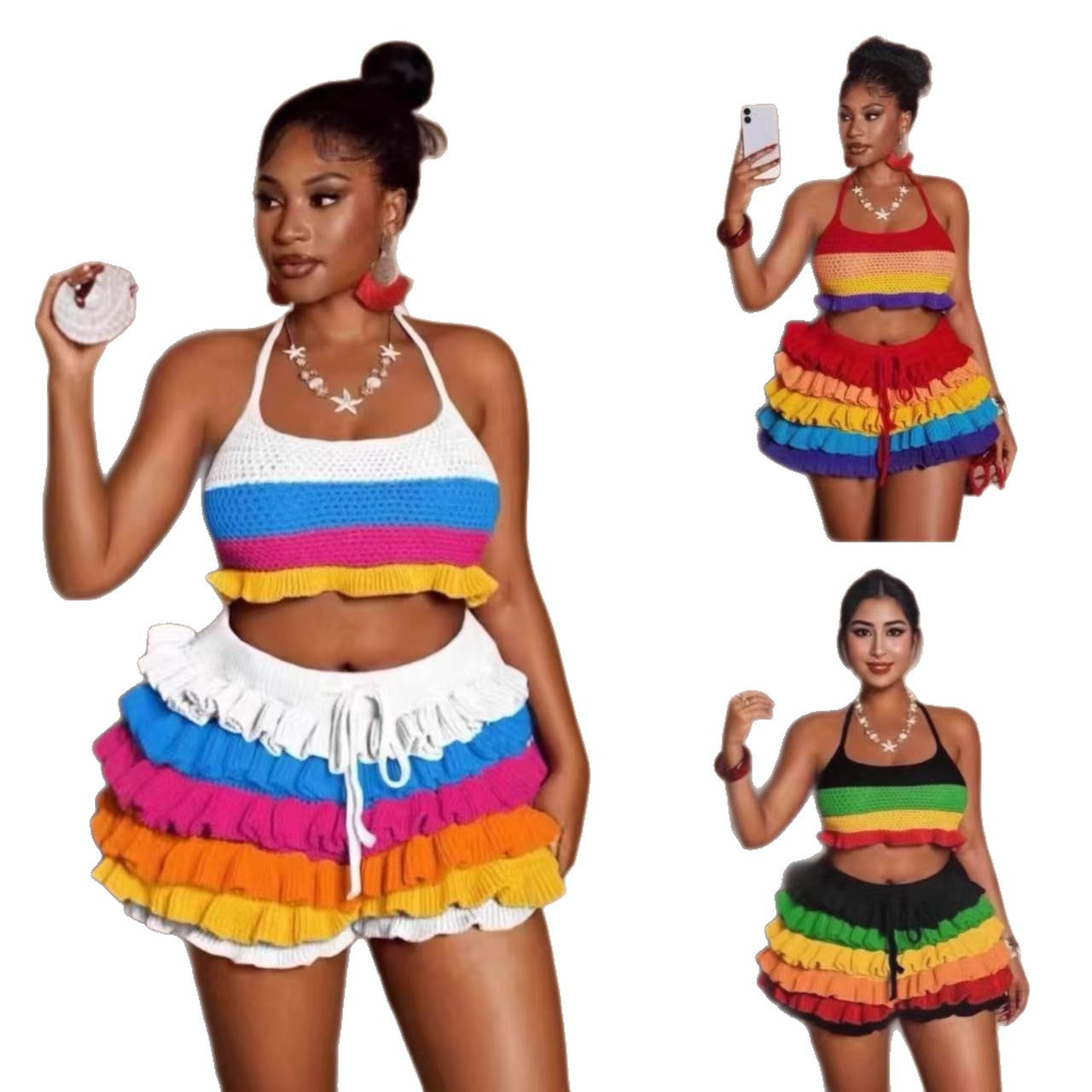 Women Multi-Color Striped Knitting Halter Neck Top and Ruffle Shorts Two-Piece Set 16