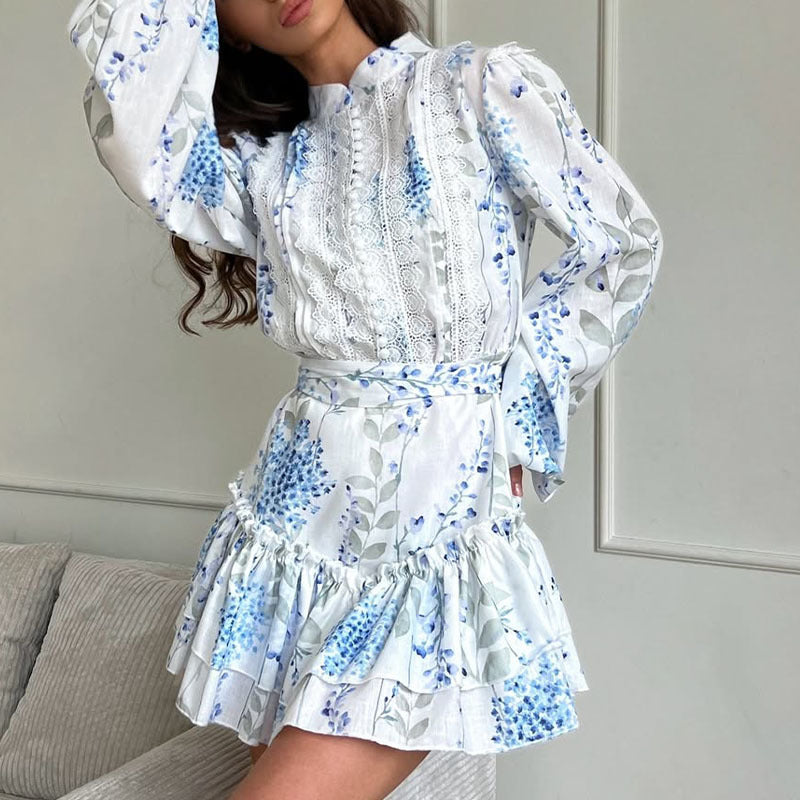 Women summer blue and white printed stand-collar puff sleeve long-sleeved ruffle dress