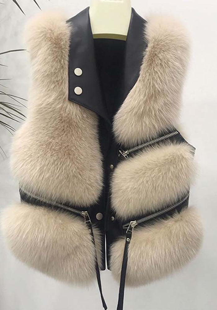 Autumn Winter Fox Fur Vest Turndown Collar Zipper Short Patchwork Faux Fur Fashion Sleeveless Coat