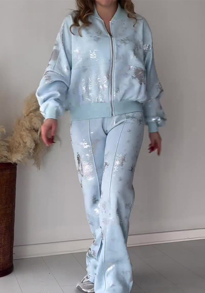 Women summer sequin print zipper casual top and pant two-piece set