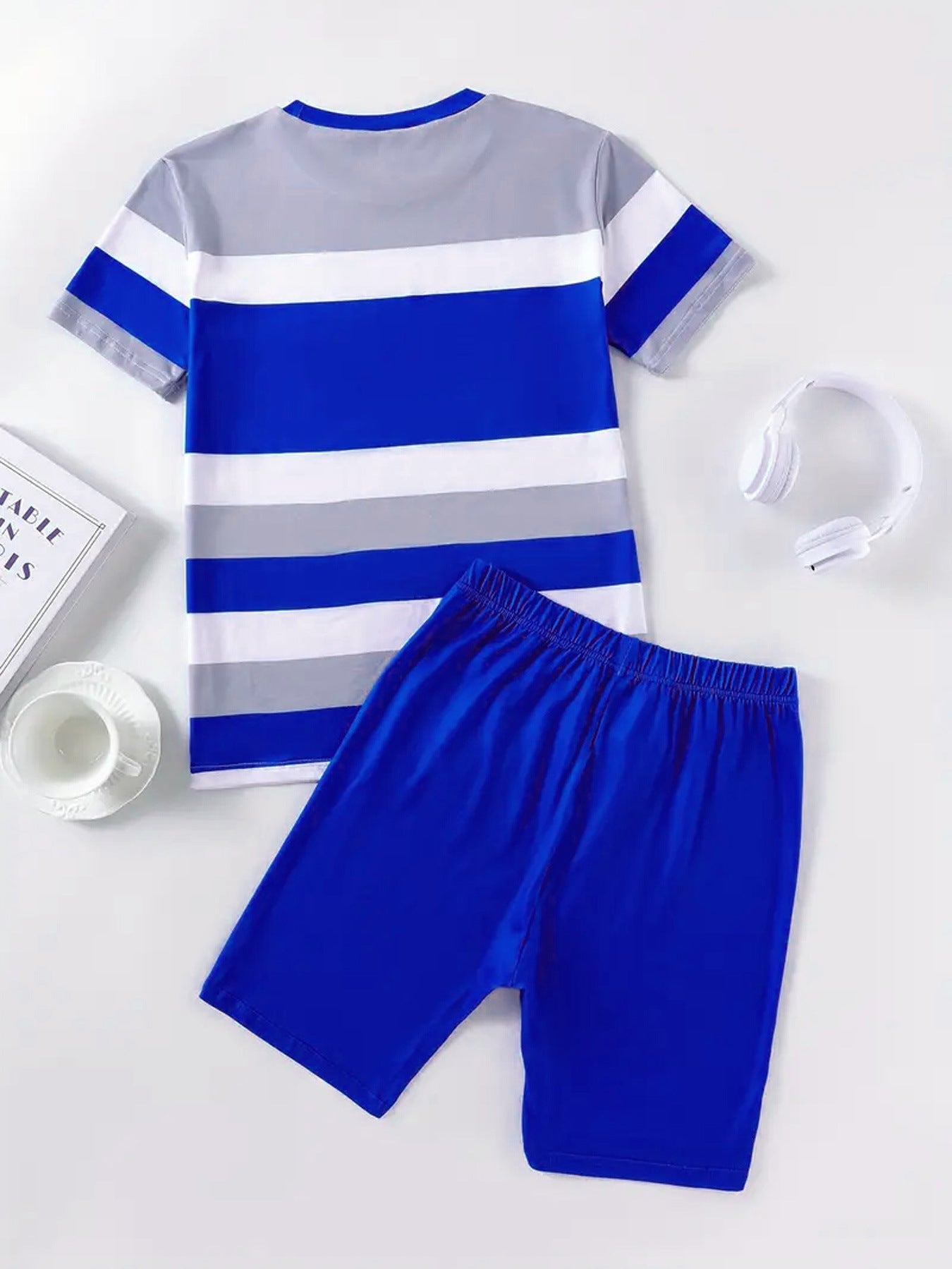 Women's Striped Print Short-Sleeve Sporty Two-Piece Shorts Set 13
