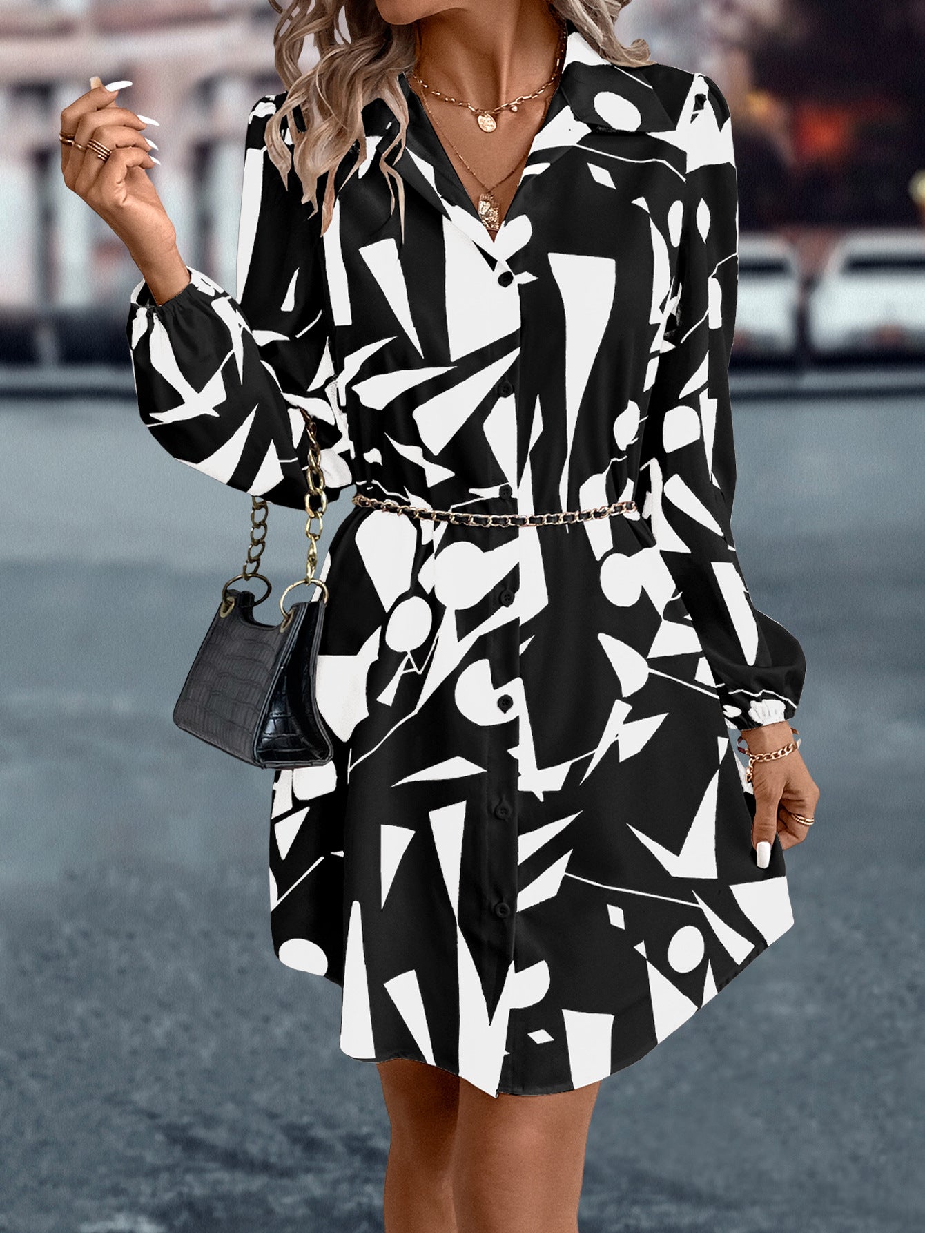 Autumn And Winter Women's  Turndown Collar Lantern Sleeve Printed Dress 7