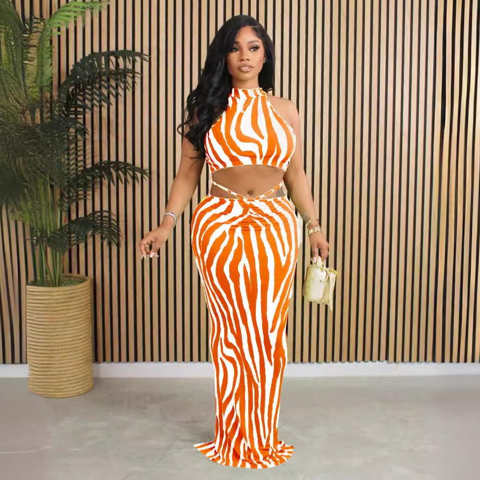 Women Striped Crop Top and Long Skirt Two Piece Set 3