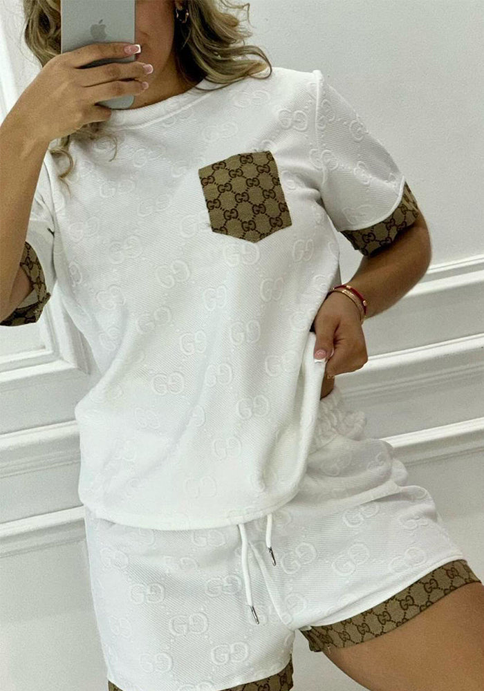 Women Casual jacquard short sleeve Top and shorts two-piece set