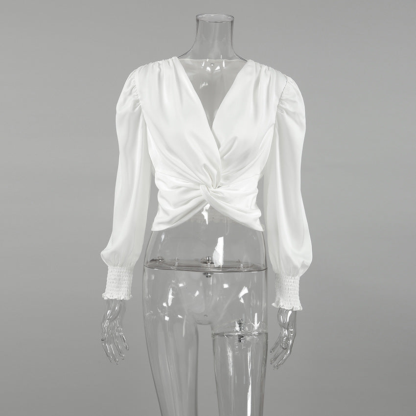 Women shiny satin long-sleeved v-neck crop shirt 9