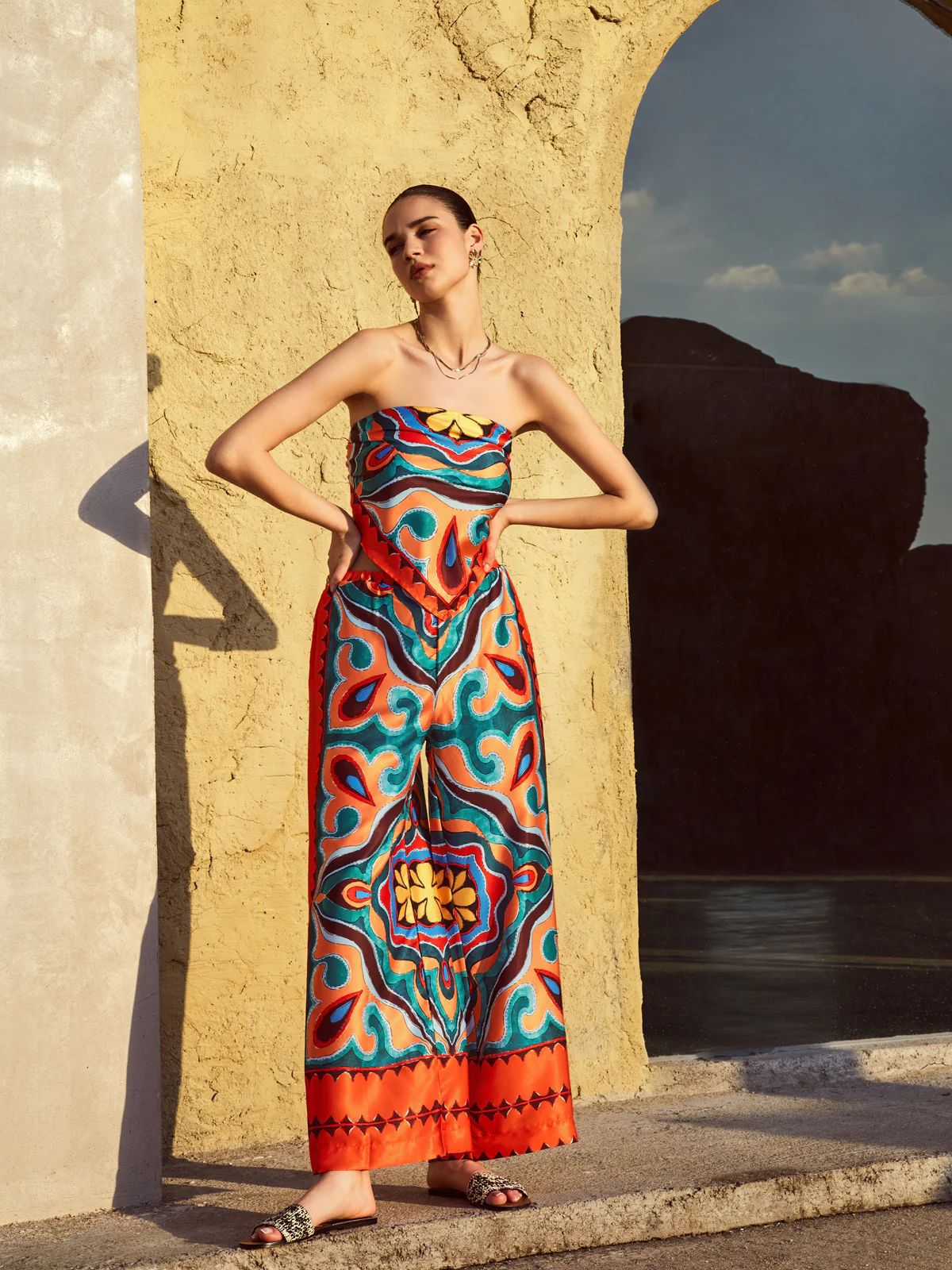 Women's Printed Strapless Wide Leg Pant Two-Piece Set 9