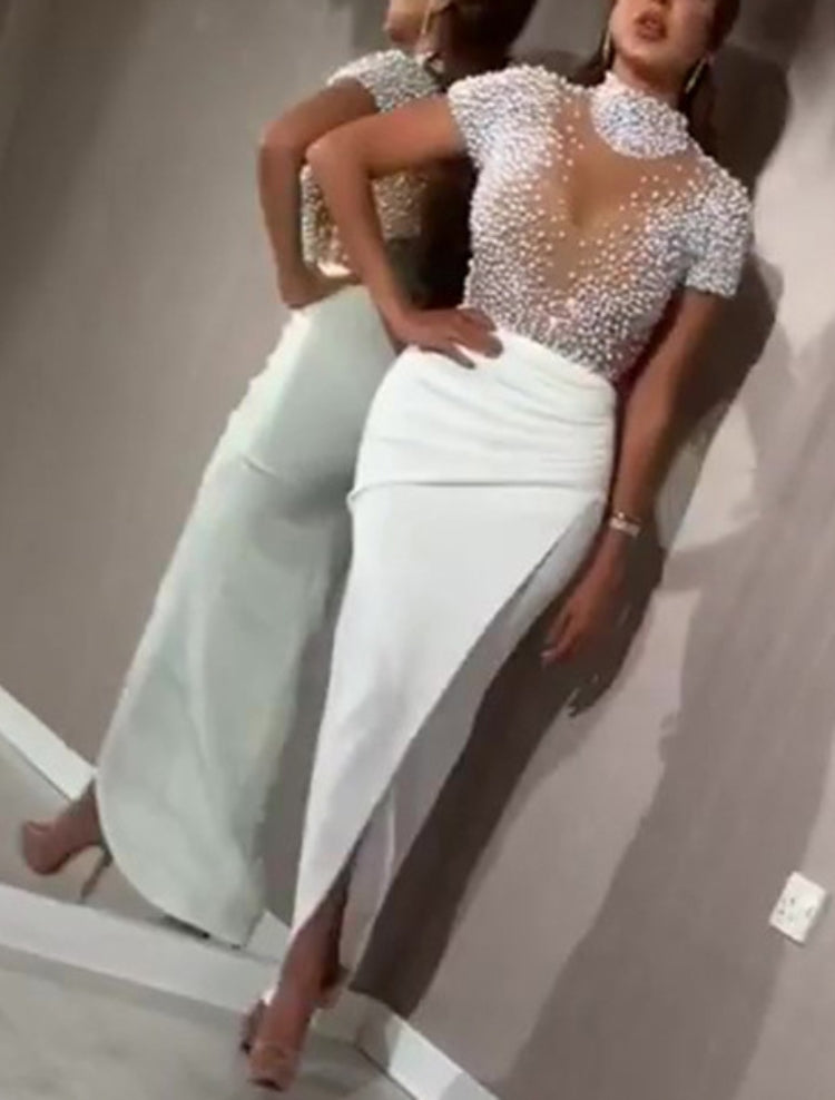 Autumn Formal White Beaded Short Sleeves Slit Evening Dress 3