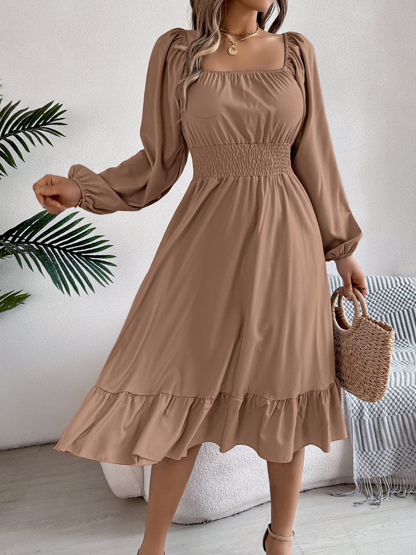 Women Spring and Summer Casual Solid Square Neck Long Sleeve Ruffle Dress