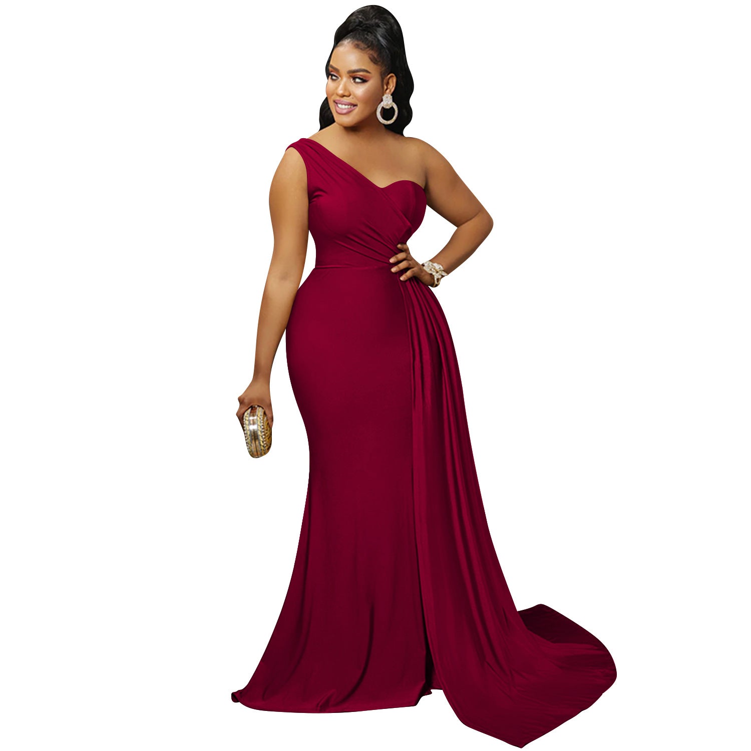 Women Fashion Solid Party One Shoulder Sleeve Dress Long Dress 15