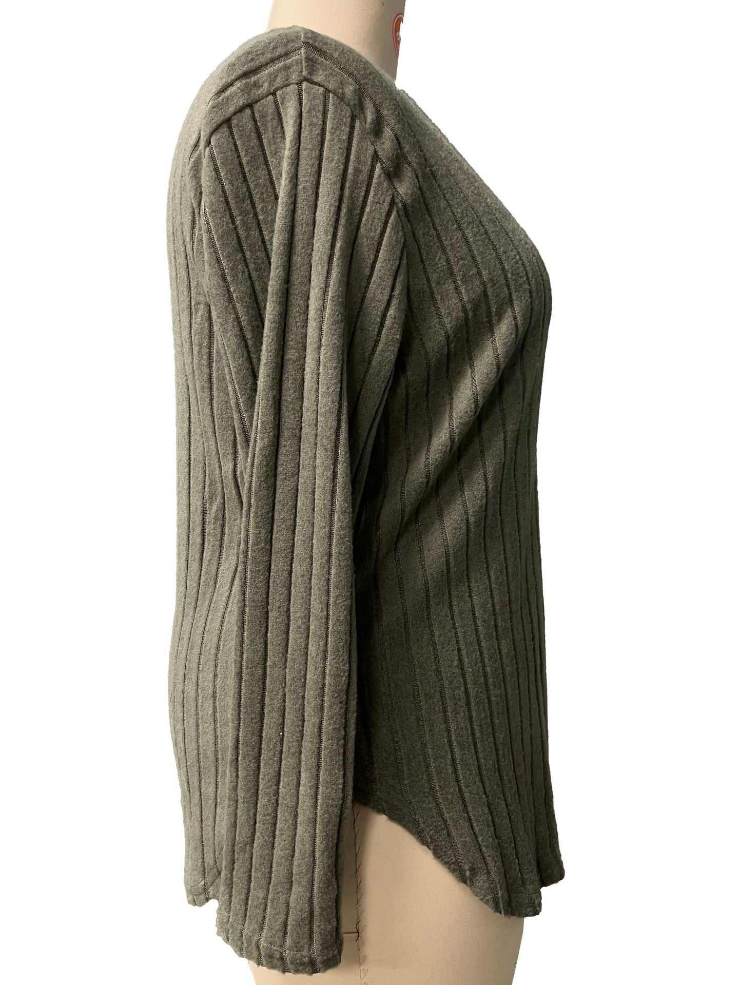 Women's Autumn Winter Solid Color Ribbed V-Neck Plus Size Pullover Top 30