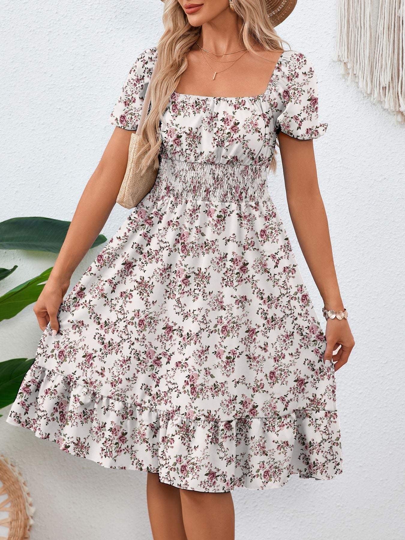 Summer solid color square neck Ruffled A-line dress for women 5