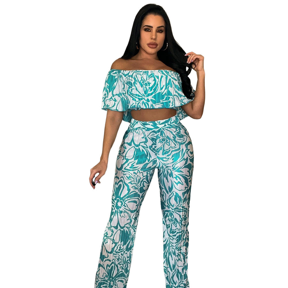 Women's Off Shoulder Wrap Crop Slim Waist Pants Two-Piece Set 8