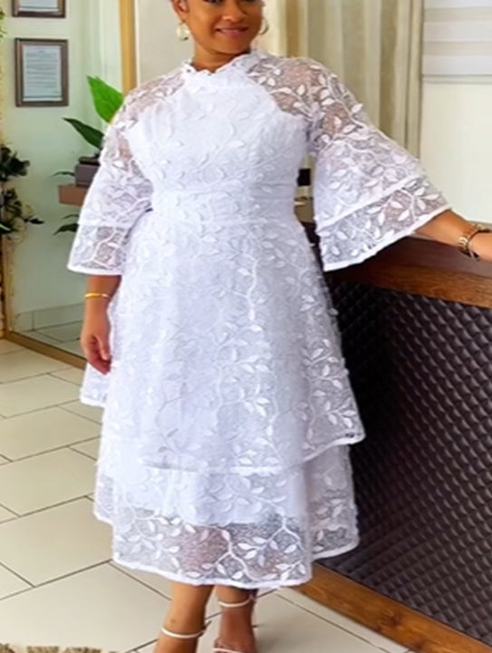 Mesh Lace Bell Bottom Sleeve High Waist Round Neck Women's Dress Evening Gown