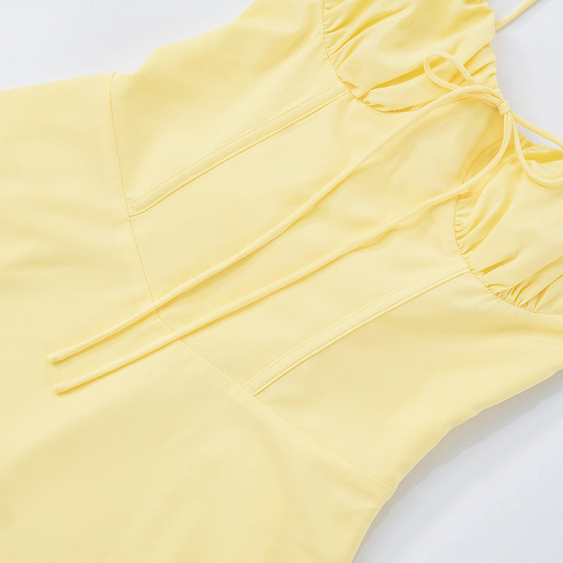 Women Lace Gathered Suspender Lace-Up Dress 16