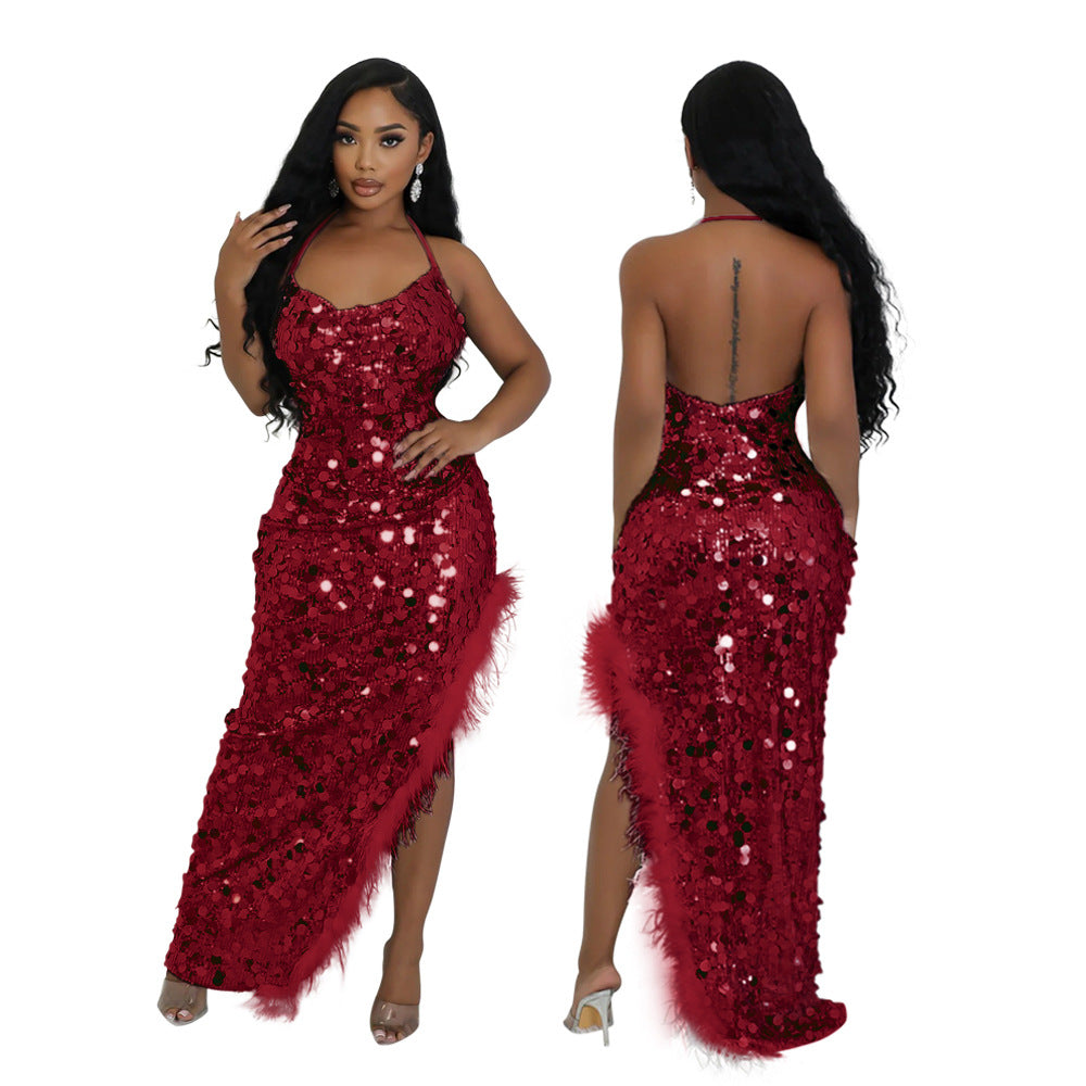 Women sexy suspender sequin irregular dress 9