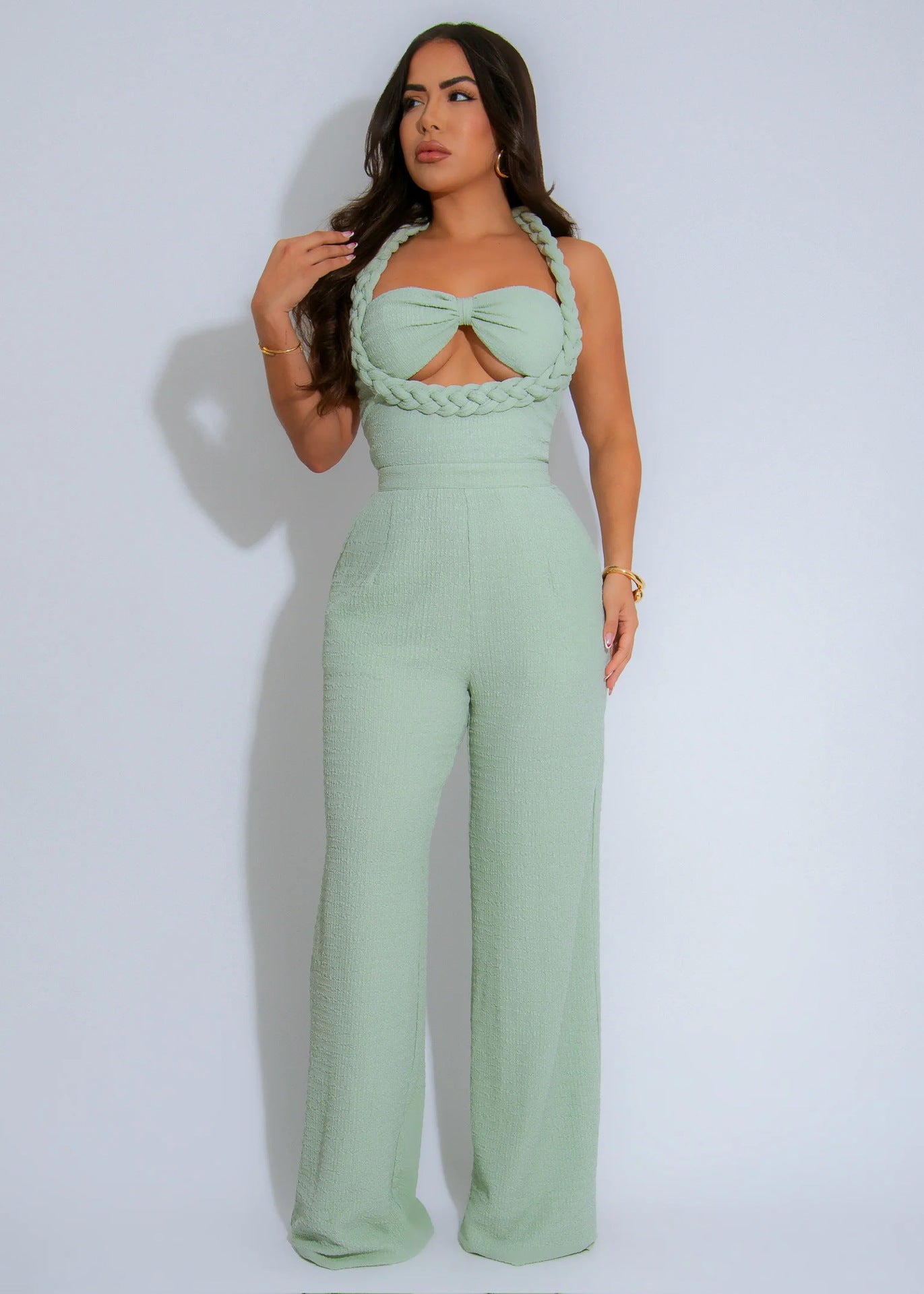 High-Waist Braided Strap Sleeveless Wide-Leg Jumpsuit