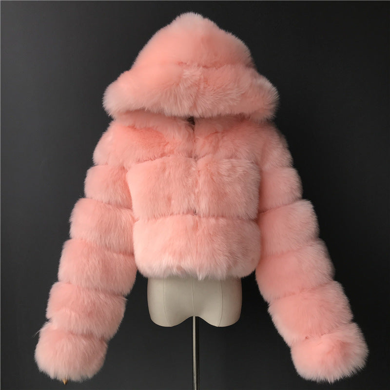 Fur Coat Cropped Hooded Faux Fur Coat Long Sleeve Patchwork Women's Coat 3