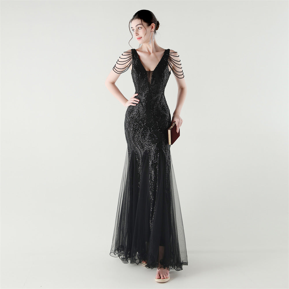 Spring Summer Low Back Sequined Mesh Slim Fishtail Party Evening Dress 15