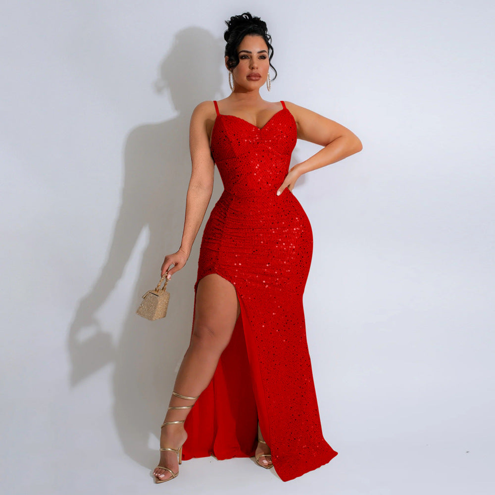 Women Sequined Strap Formal Party Sexy Ball Dress 9