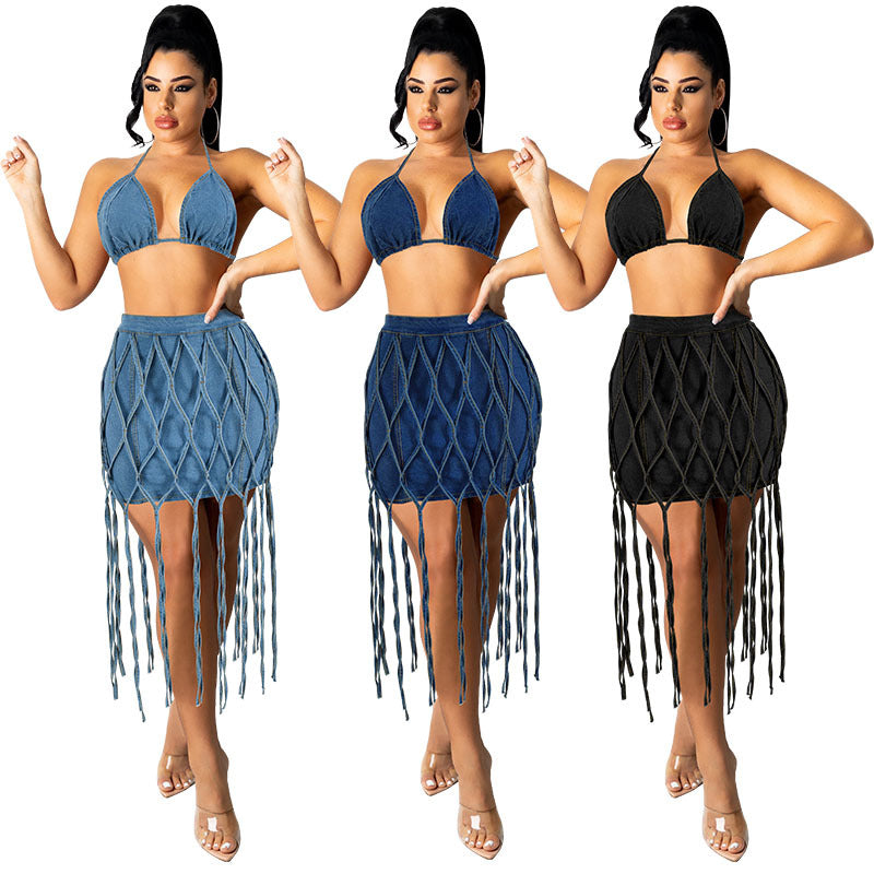 Women Denim Rope Top and Skirt Casual Two Piece 10