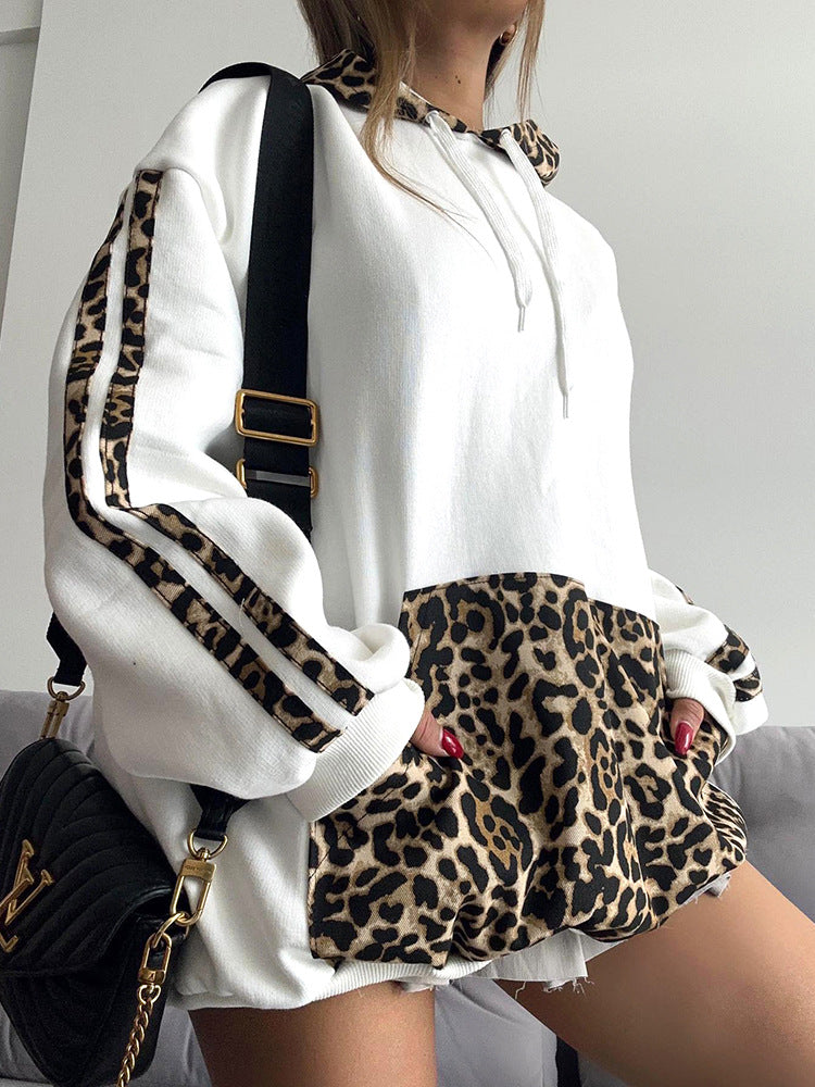 Women Leopard Patchwork Drawstring Pocket Loose Casual Hoodies 4
