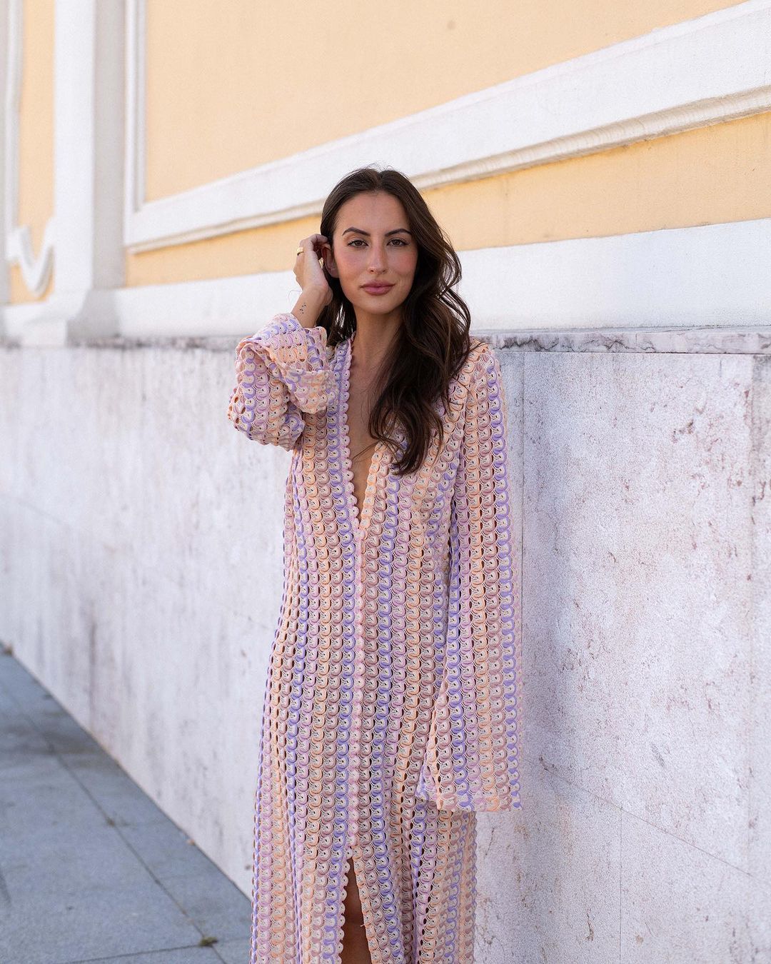 Women Contrast Color Lace Hollow Slit Maxi Dress 4