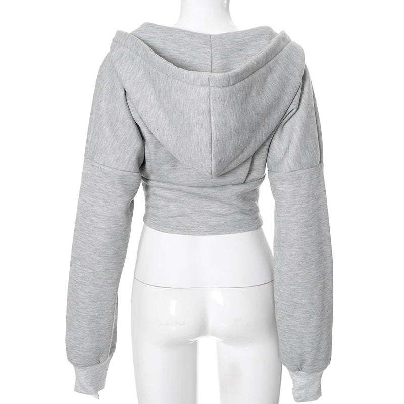 Women's Autumn Winter Casual Zipper Long Sleeve Hooded Short Top 6